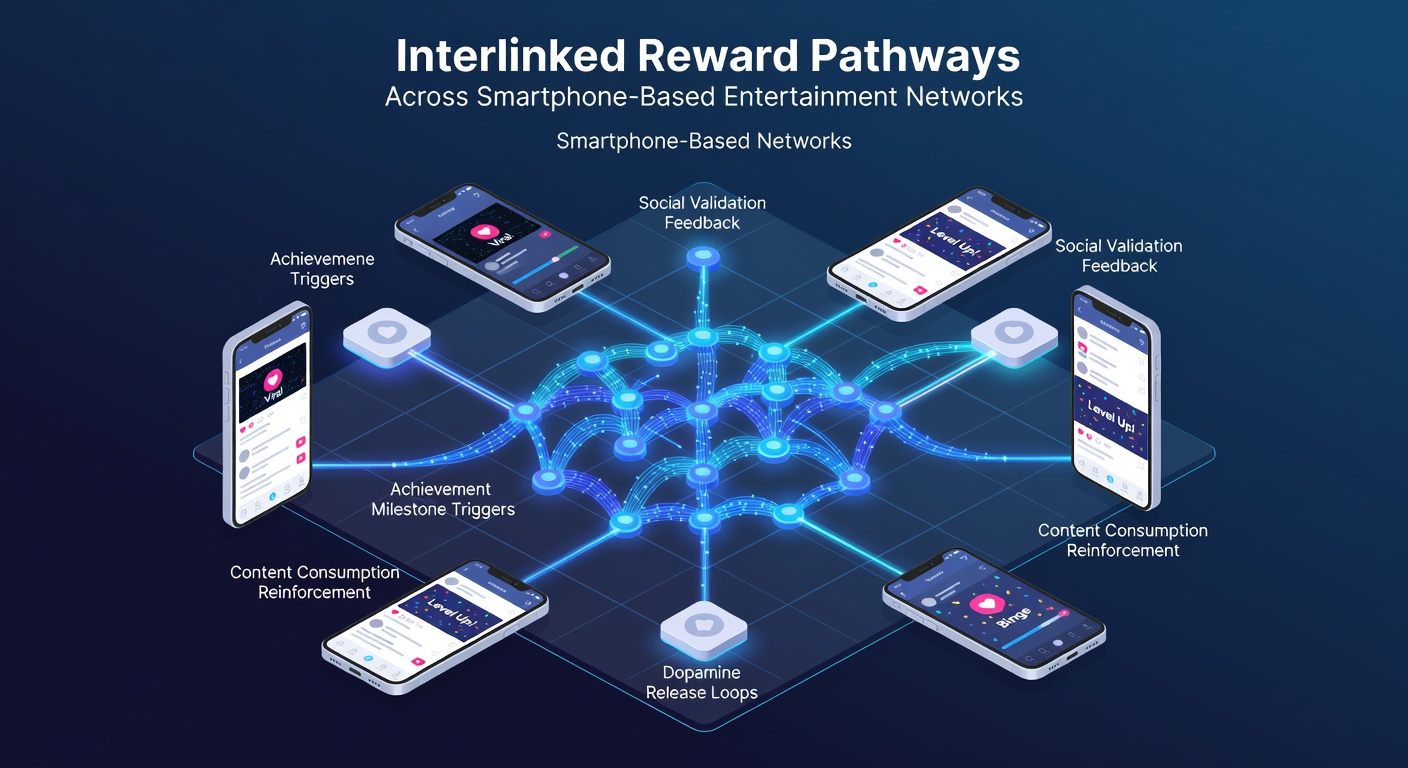 Diagram showing interconnected reward pathways in smartphone entertainment apps with nodes linking slots, tables, and bonus systems