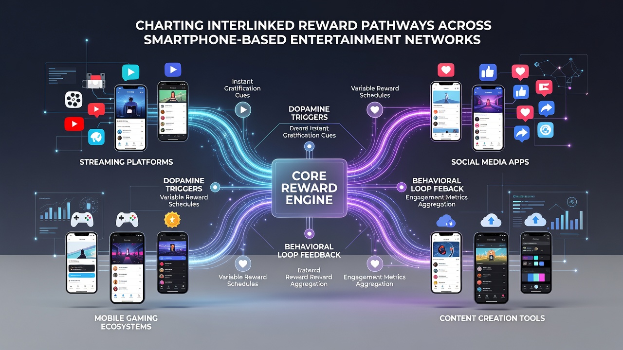 Illustration of mobile devices displaying linked reward dashboards across casino-style apps and entertainment platforms