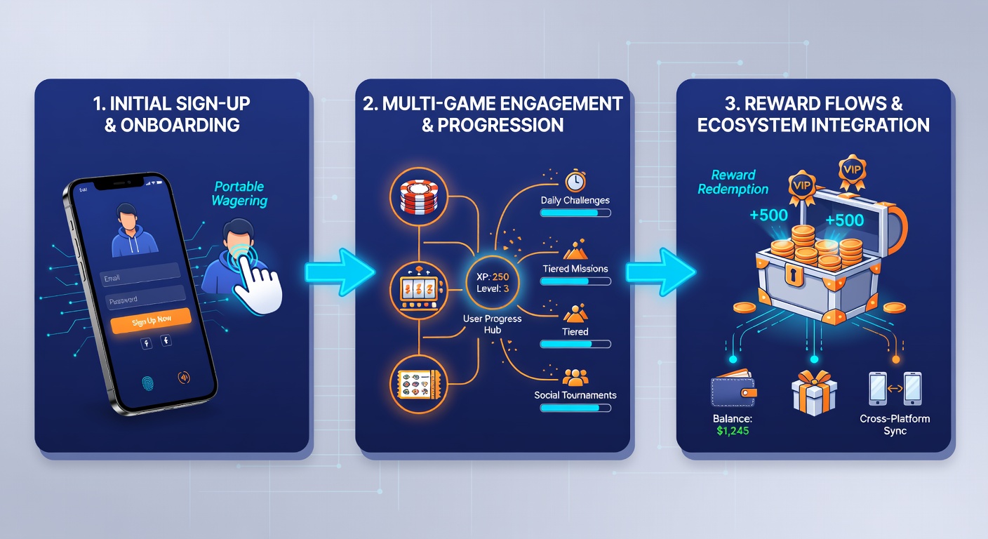 Flow diagram showing progression from sign-up to cross-game reward redemption in mobile betting apps