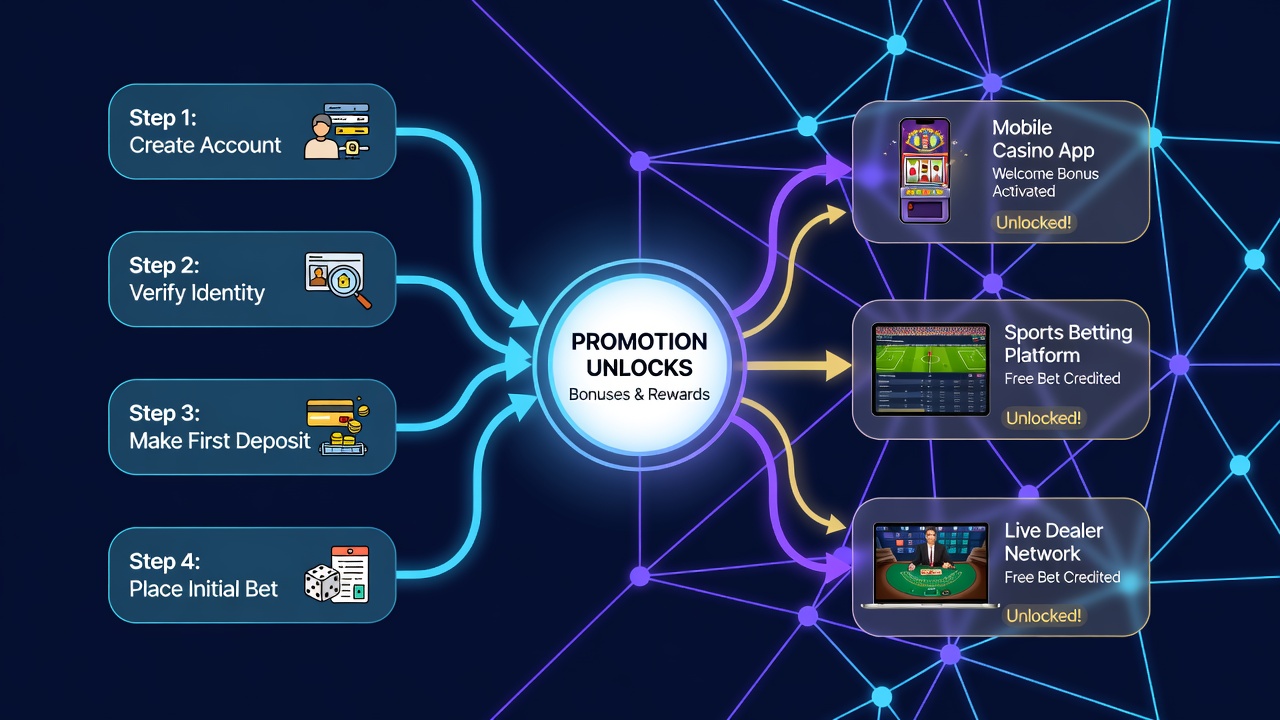 Diagram showing data flow from mobile registration to unlocked promotions across casino networks