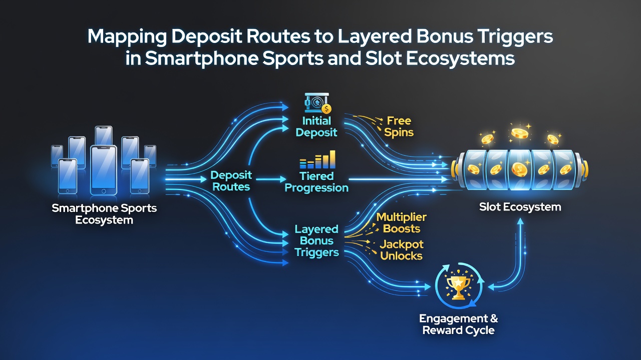 Flowchart diagram illustrating deposit routes connecting to layered bonus triggers in mobile gaming apps