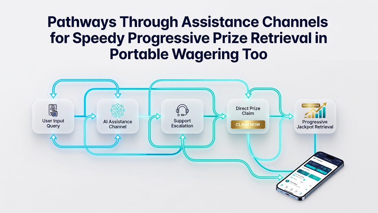 Illustration of assistance pathways connecting mobile users to progressive prize processing systems