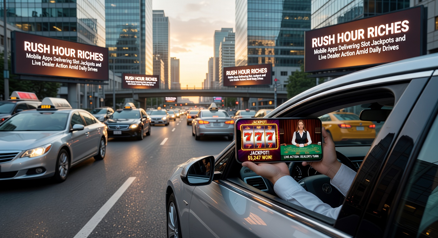 Smartphone screen showing a mobile slot jackpot win during a traffic jam, with live dealer roulette in the background
