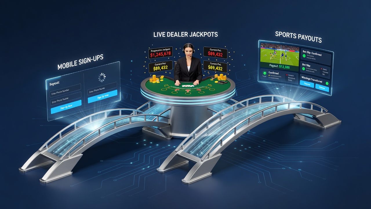 Diagram showing connections between mobile sign-ups, live dealer sessions, and sports payout processing
