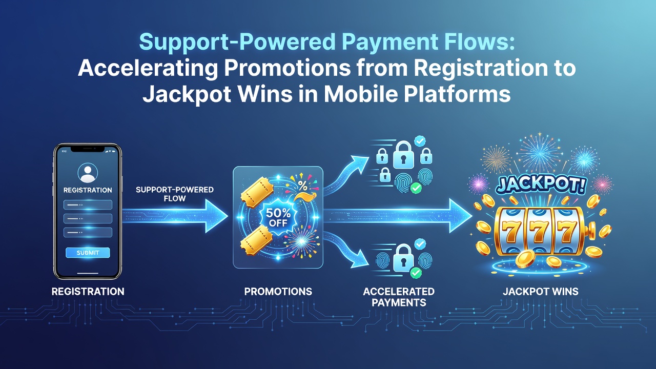 Mobile platform interface showing registration, payment, and jackpot progression with support elements highlighted