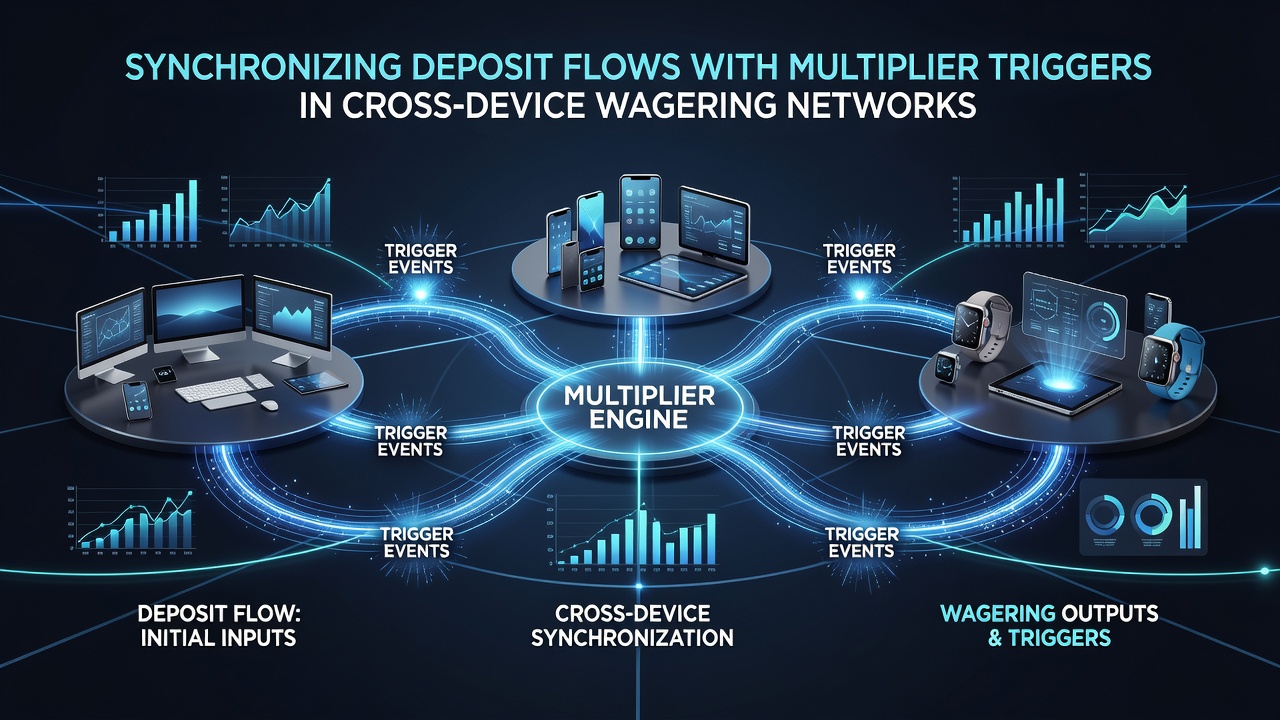 Flowchart showing real-time multiplier trigger activation across smartphone, tablet, and desktop devices in a wagering network